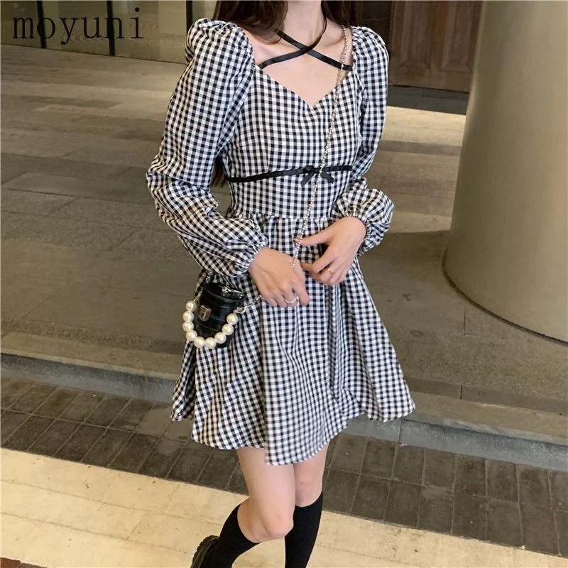 

Women's Korean-Style Retro Elegant A- Line Skirt Early Autumn New Cinched Plaid Long-Sleeved Dress Plaid Dresses Aesthetic Kpop