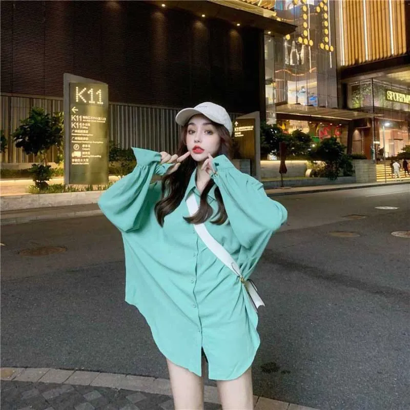 

Women Retro Four-color Lantern Sleeve Shirts Korean Loose Style Long-sleeved Shirts