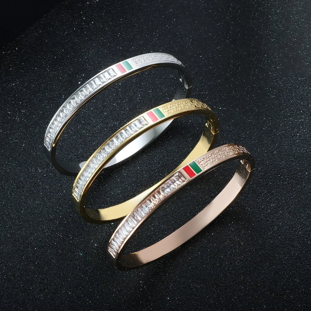 

6mm Red/Green Enamel With Square Rhinestone Women Men Bracelets Bangle Fashion Stainless Steel Cuff Bangle Luxury Couple Jewelry