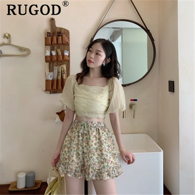 RUGOD/винтажная однотонная женская блузка, Элегантная футболка с пышными рукавами, Стильные корейские летние топы, женская одежда