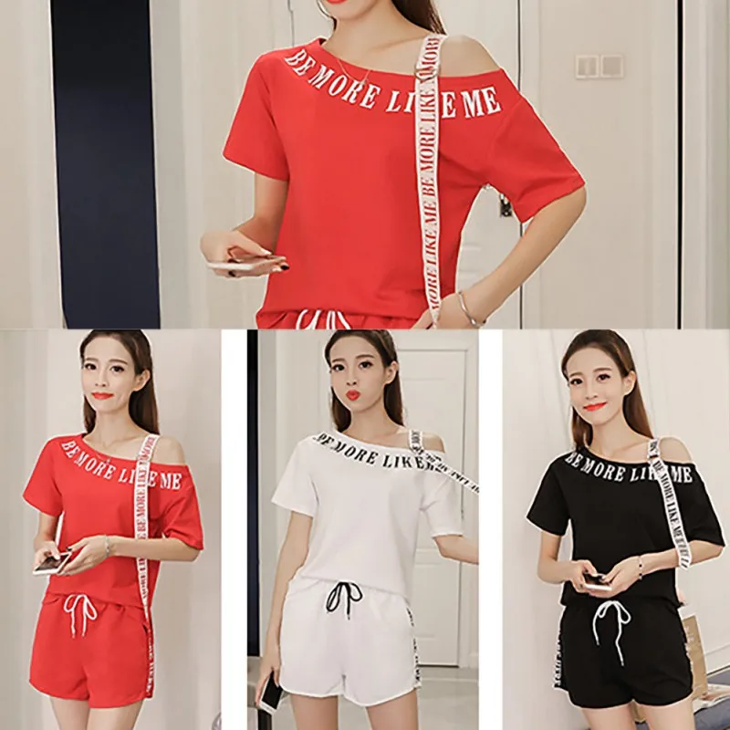 

Women's Two Piece Set Fashion Lettered Ribbon Cold 2 piece set women Shoulder Half Sleeve Loose With Pockets Top And Shorts Set