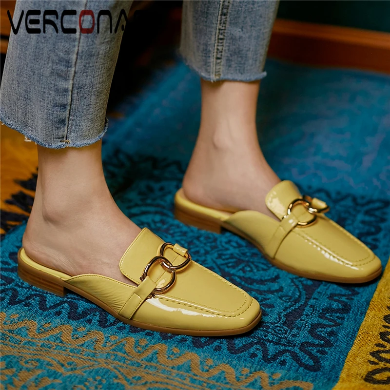 

VERCONAS Square Toe Women Sandals Patent Leather Mules Concise Metal Decoration Slippers Low Heels Summer Casual Shoes Woman New