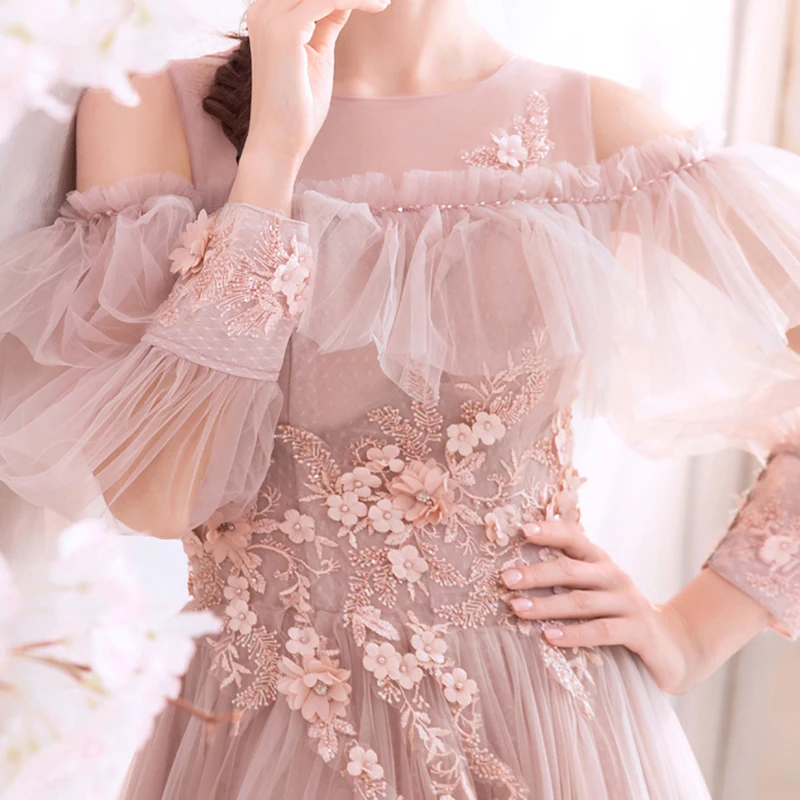 

Party Dress Soybean Pink Ruffles Tulle Appliques Beading O-neck Off The Shoulder Illusion Floor-length Lady Formal Dresses TS062