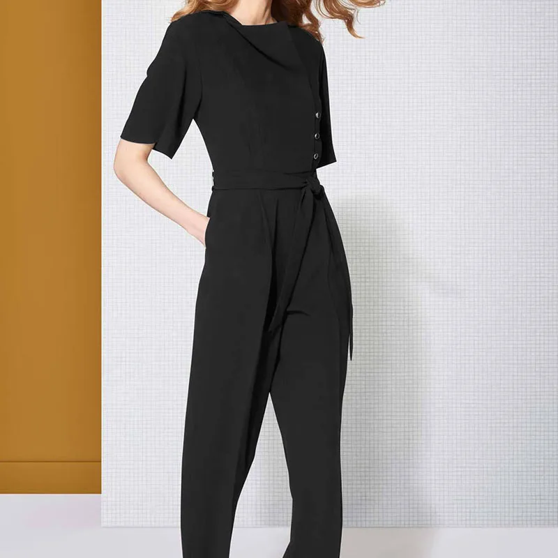 

2021 Summer Runway New Style Sexy V-Neck Short-Sleeved Button Belt Slim-Fit Pocket Black Jumpsuit Women'S High Quality