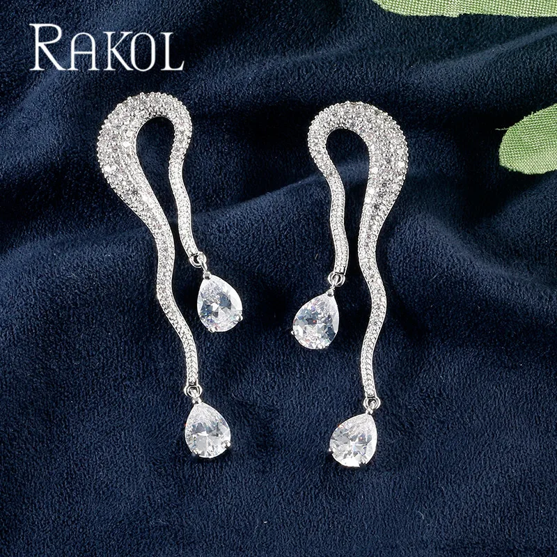 RAKOL, новинка, любимые, элегантные, в форме капли воды, кубический цирконий, Роскошные, для женщин, для помолвки, вечерние, свадебные серьги, высокое ювелирное изделие, RE523146 - Окраска металла: white color