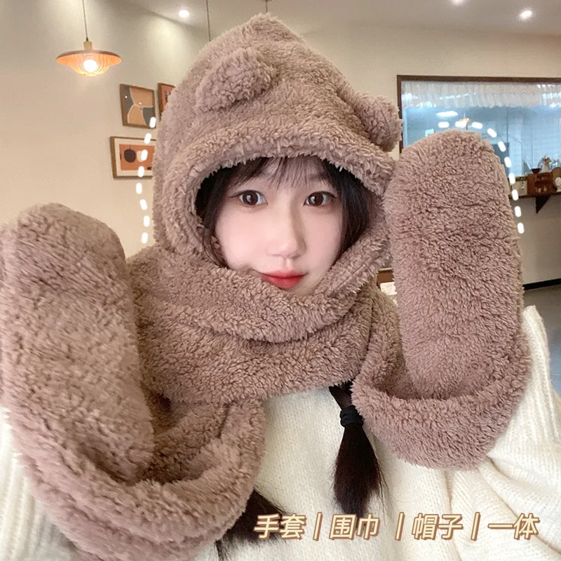 

Yilan Hat bib female winter cute cycling electric car warm hood scarf scarf integrated face display cap
