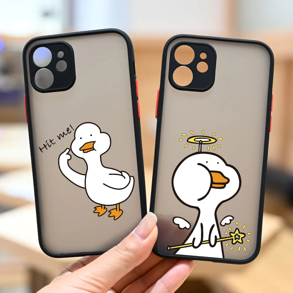 

Cute Anime Hit Me Fat Duck Pattern Matte Phone Skin Feeling Frame Case for iPhone 13 11 12 Pro Max XS XR 6 7 8 Plus Cover Fundas