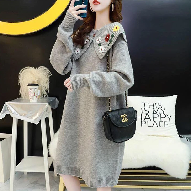 

TIGENA Winter Long Sweater Women 2021 Thick Warm Sweet Floral Embroidery Loose Knit Mid-length Pullovers Female Jumpers Outwear