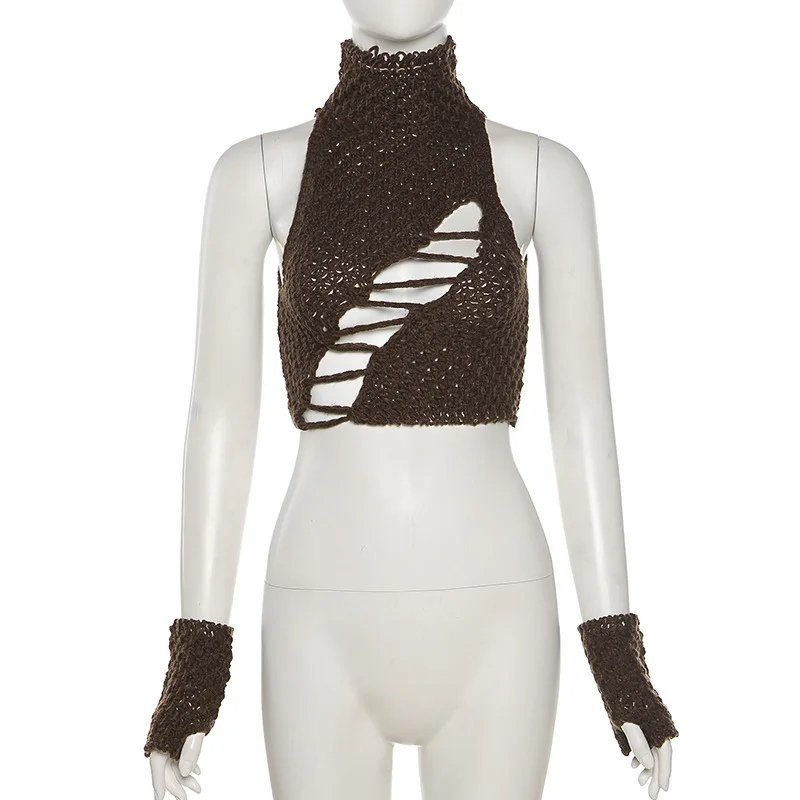 

Streetwear 90s Vintage Hollow Out Brown Crochet Tops Y2K Fashion Sexy Cross Lace-Up Turtleneck Tank Top With Gloves Punk