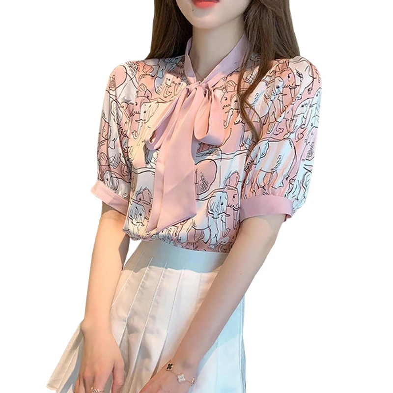 

2021 New Summer Women Blouses Casual Loose Short Sleeve Chiffon Shirts Print Fashion Office Work Lady Tops Female Clothing