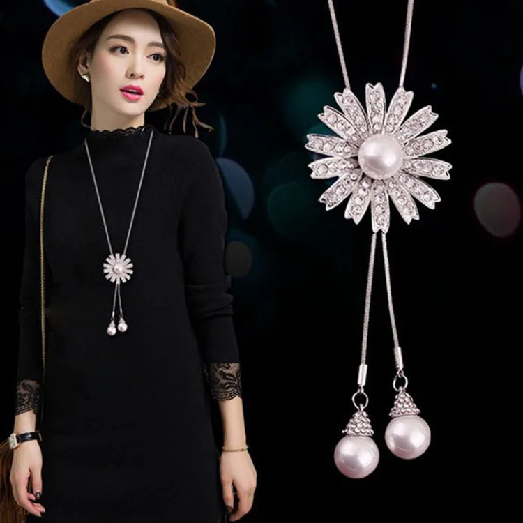 Simple Classic pendant Necklace Flower Pearl Long Sweater Chain Statement Jewelry choker for Women Choker |