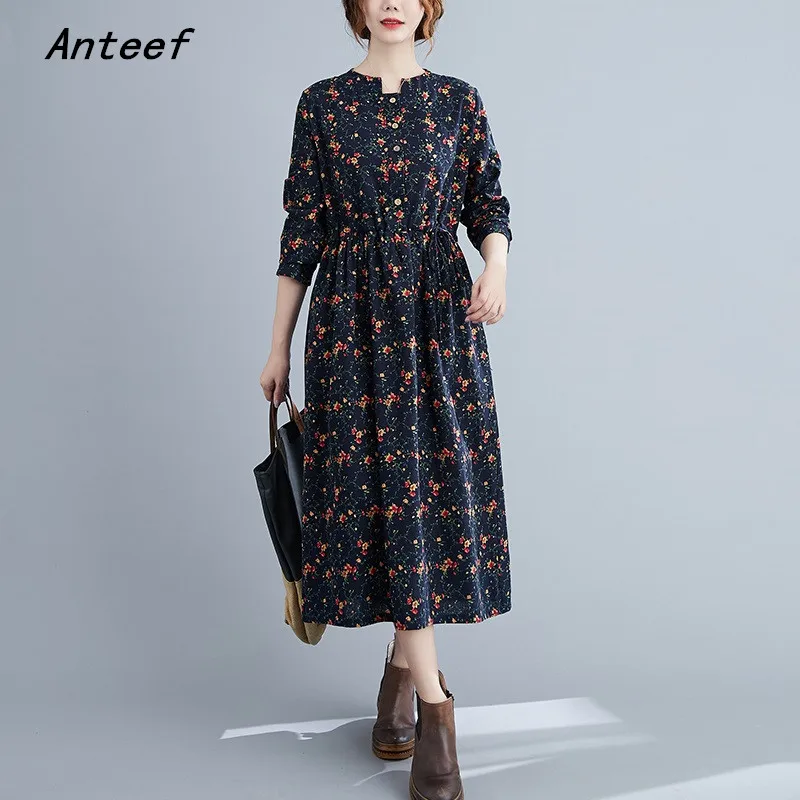 

Женское винтажное платье Anteef, из хлопка и льна, с длинным рукавом, с цветочным рисунком, повседневное, свободное, весна-осень, элегантная оде...