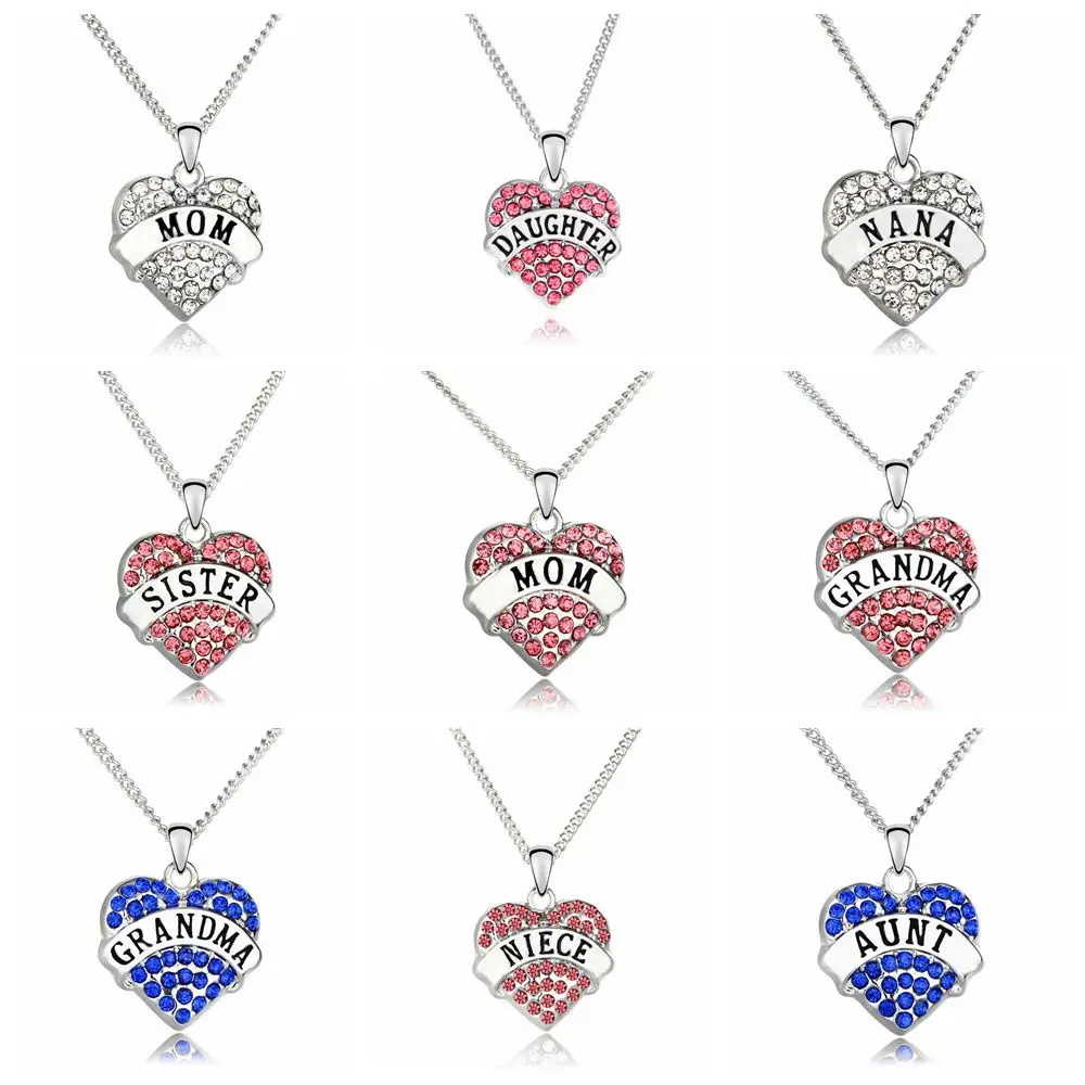 Модные стразы семейная подвеска в виде сердца с надписью Mom ожерелье для женщин и