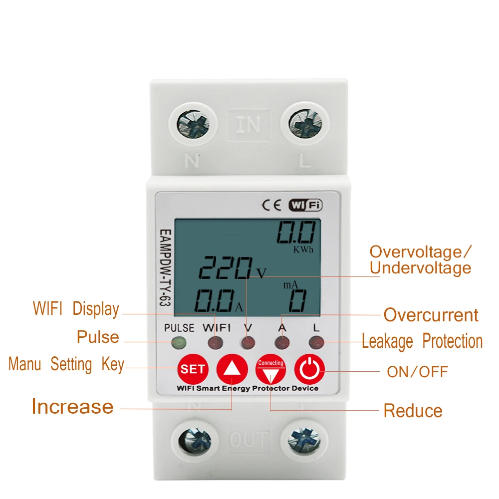 

2P 63A TUYA APP WiFi Smart Circuit Earth Leakage Over Under Voltage Protector Relay Device Switch Breaker Energy Power kWh Meter