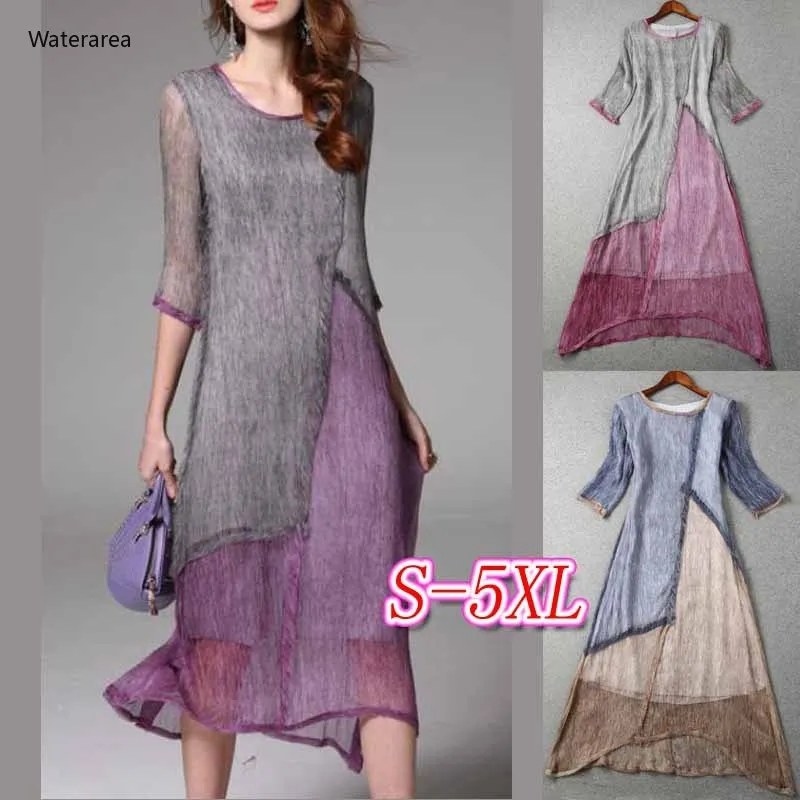 2019 Новинка размера плюс женское шелковое платье с О образным вырезом и