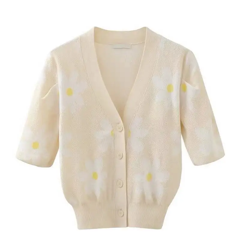 

Women Sweaters 2021 Spring and Summer New Ladies Stitching V-neck Short-sleeved Sweater Cardigan Top