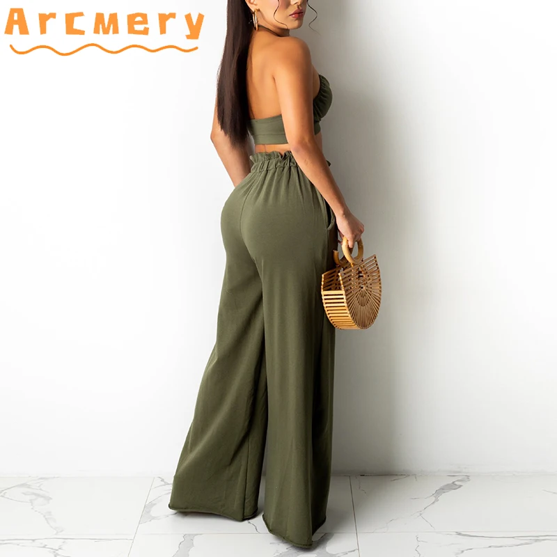 

2 Pieces Pants Sets Women Halter Top & Wide Leg Pants