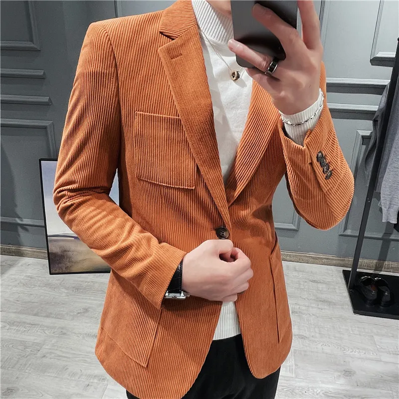 

Autumn Winter Corduroy Men Blazers Solid Color Business Formal Suit Jacket Casual Wedding Groom Social Dress Coat Men Clothing