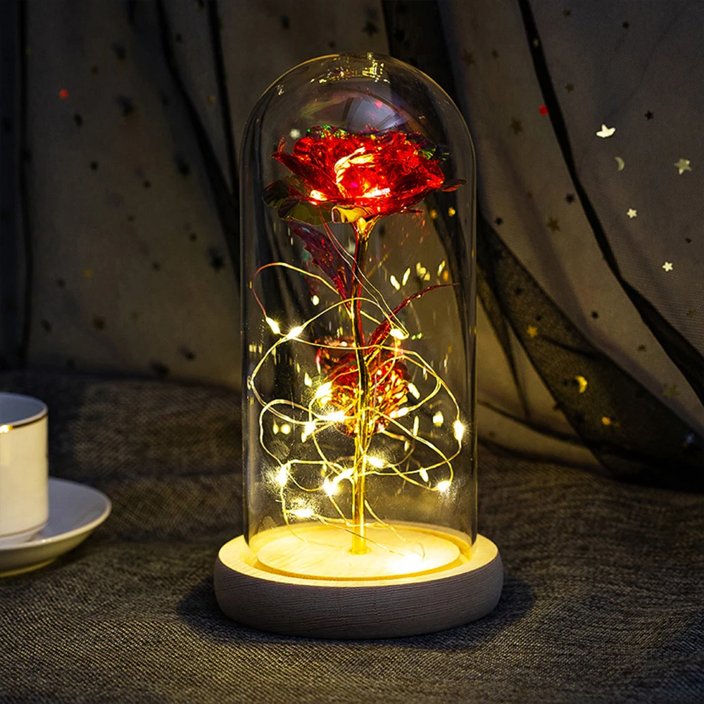 

Artificial Rose Night Light With Glass Cover Flowers Christmas Decorations Led Wedding Fairy Navidad Outdoor For Home Decor Gift