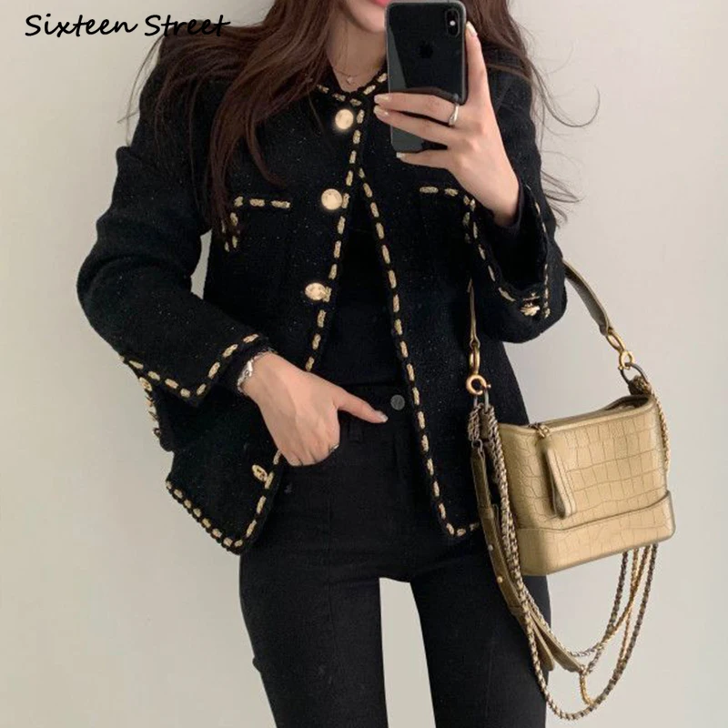 Golden Button Woolen Jacket Woman Winter Single Breasted Pocket Elegant Tweed Cropped Coat Korean Business Office Outerfit Fall | Женская