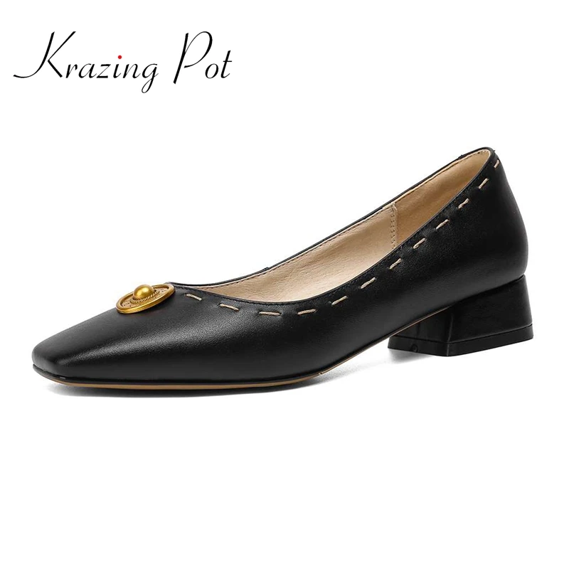 

Krazing Pot full grain leather square toe med heel brand shoes metal decoration retro fashion beauty lady party women pumps L10