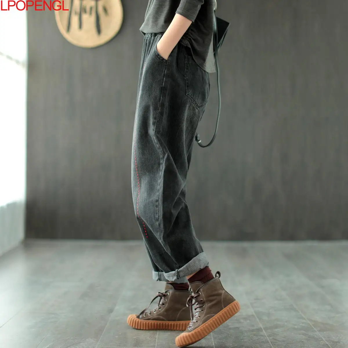 Ladies Spring Autumn Vintage Harem Jeans 2021 New Casual Fashion High Waist Embroidered Trousers Casual Style M-xxl