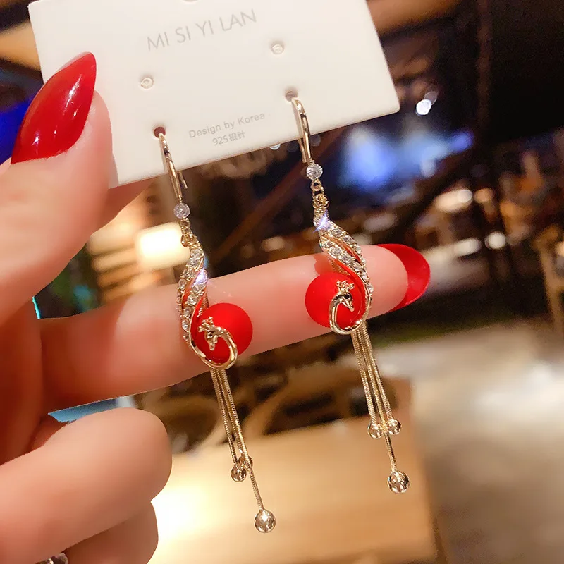

Women's Korean Fashion Charming Cute Golden Phoenix Tassel Earrings Festive Red Pearl Earrings Gift Jewelry Drop Earrings