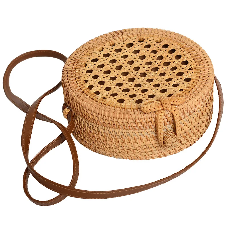 

2021 New PU Leather Straps Holiday Beach Round Crossbody Bag Women Handbag Bali Vintage Handmade Rattan Woven Shoulder Bags