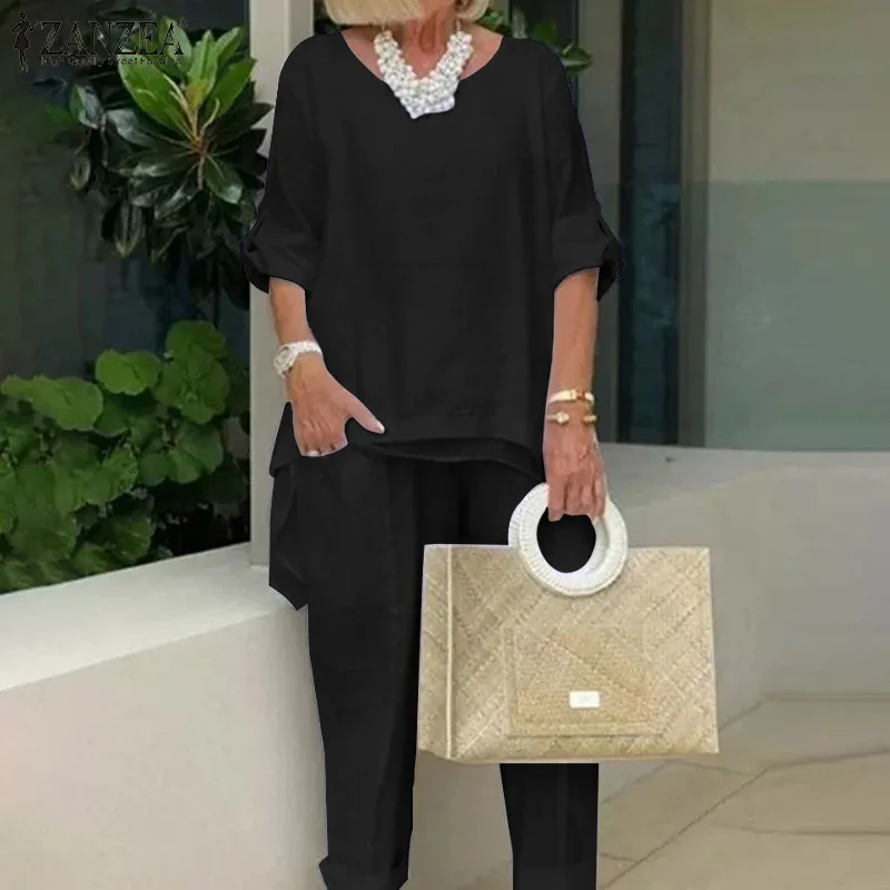 

Комплект ZANZEA женский с длинным рукавом, модная Асимметричная блузка, свободные брюки с эластичным поясом, Городской Спортивный костюм из 2 п...