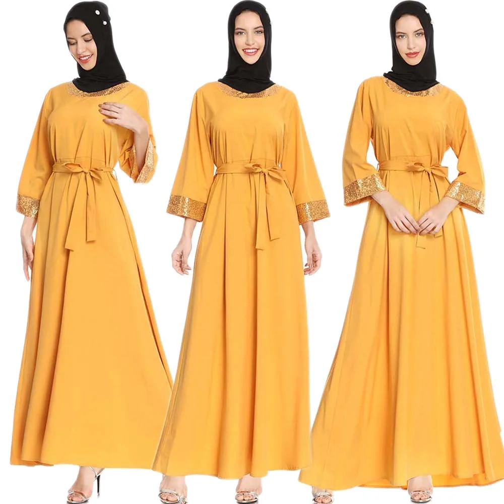 2021 Рамазан мусульманских женщин блестками длинное платье Абая Дубай Ближний Восток турецкая исламская одежда с поясом Макси Халат