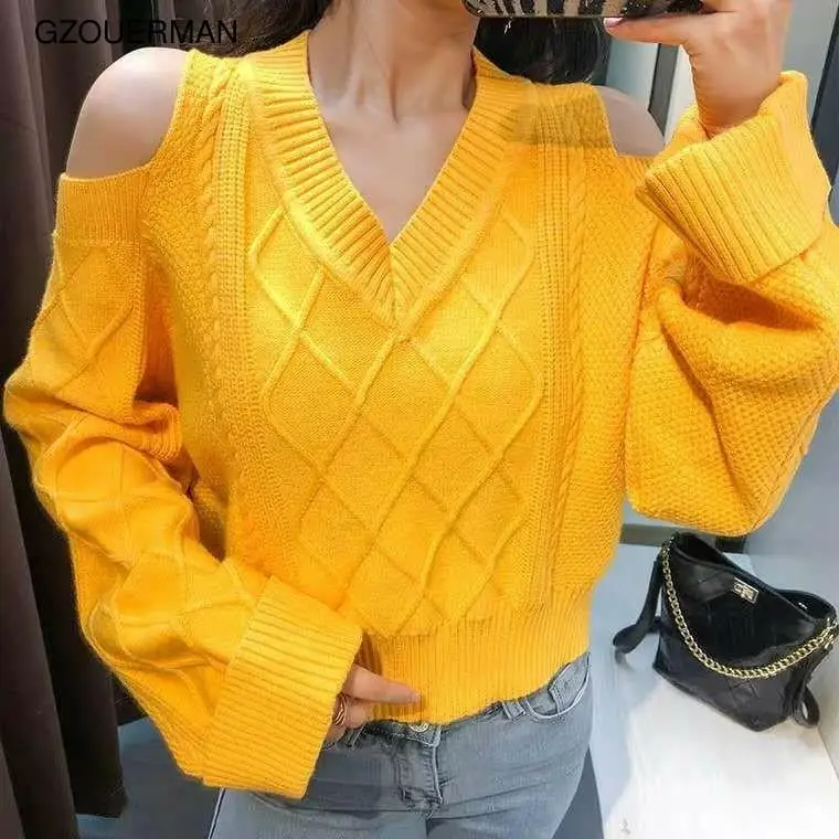 

New Fall Knitwear Long Sleeves Sexy -Shoulder V Neck Blouse Women