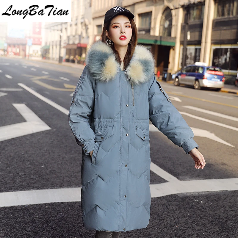 Длинное пальто женская зимняя куртка большой меховой парка с капюшоном тонкий