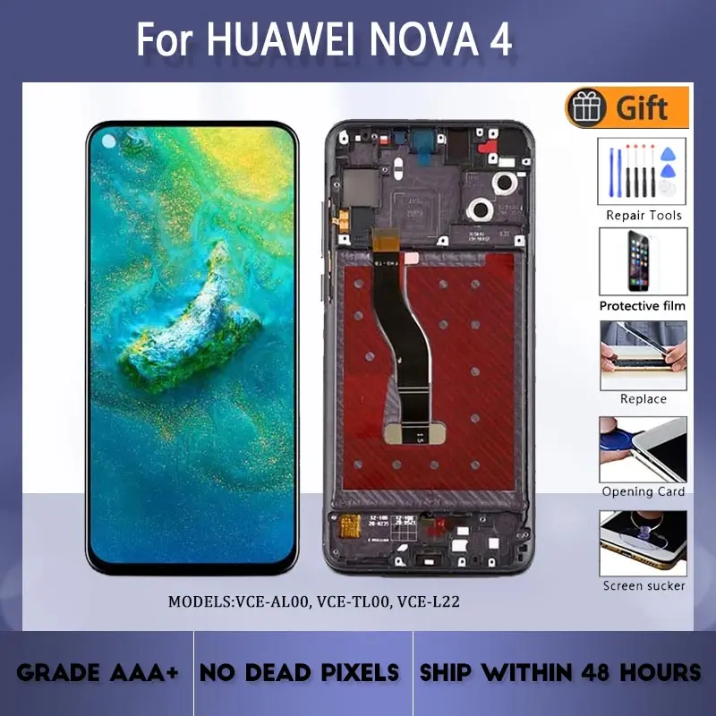 

For Huawei nova 4 VCE-AL00 VCE-TL00 VCE-L22 LCD screen assembly with front case touch glass,With repair parts nova 4 LCD Display