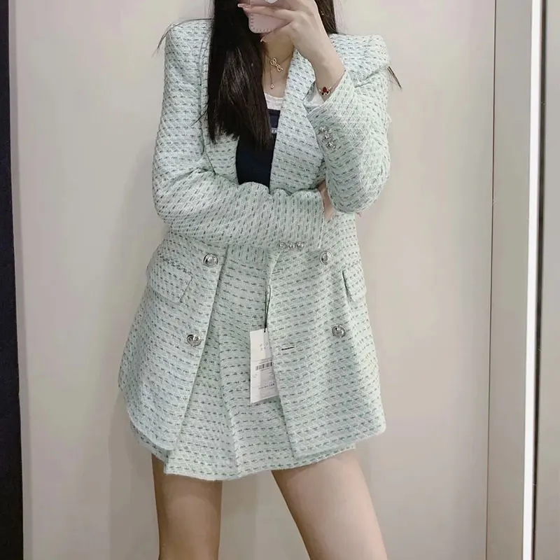 

Women's Suit Jackets Suit 2021ZA Summer Mid-length Loose Casual Fashion lattice Double Breasted Chic Suits High-Waisted Skirt