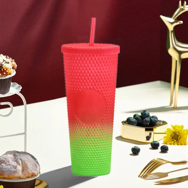 

710ml Coffee Mugs Creative Straw Cup Plastic Double Layer Studded Tumbler Cups With Straw Drinkware Water Cup Mugs 2023