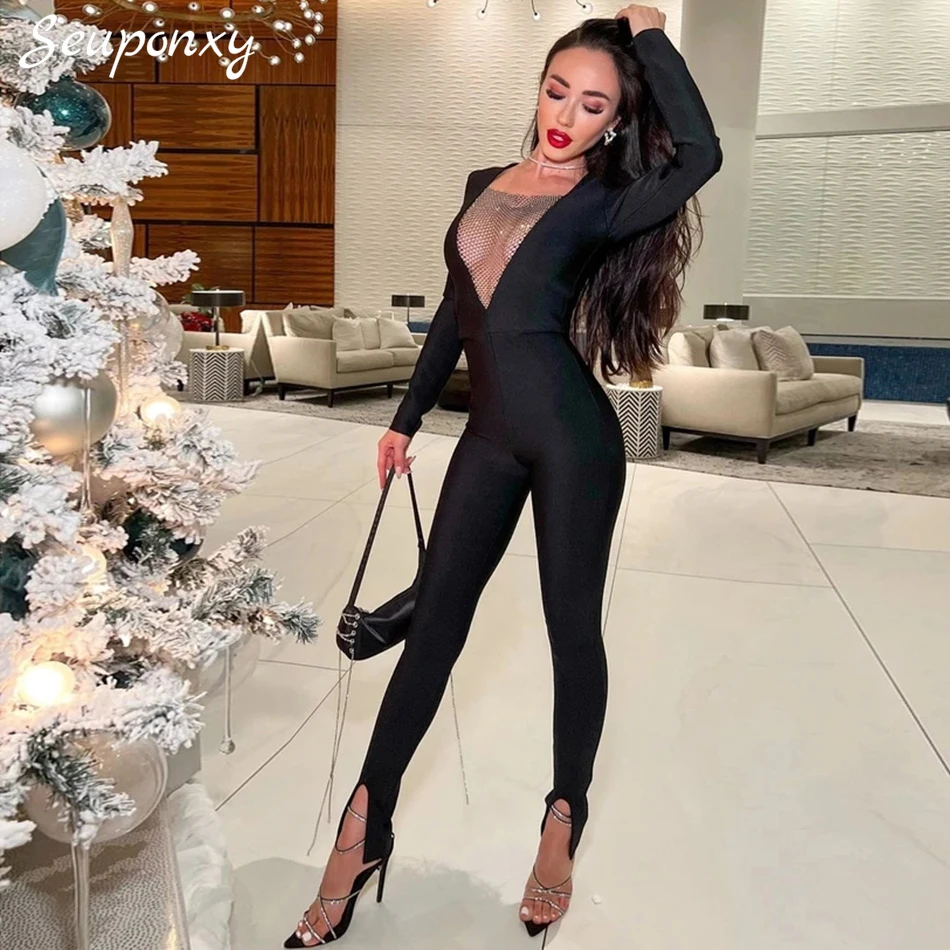 Женский комбинезон с длинным рукавом Черный Вечерние легающий V-образным вырезом