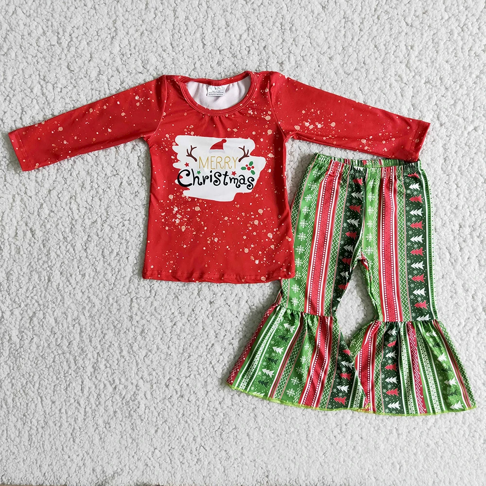 

Ready To Ship Children Clothes Red Top Match Trees Pattern Flare Pants 2Pieces Set Girls Merry Christmas Outfit With Long Sleeve