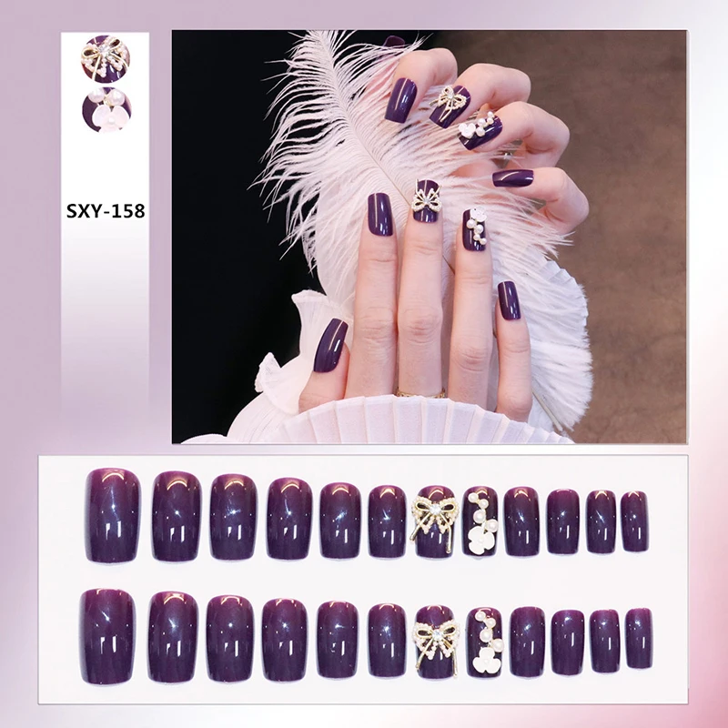 

24Pcs/Set Fake Nails Long Purple Press On Nails Cute Bow & Pearl Design False Nails Full Coverage Artificial DIY Nail Art-