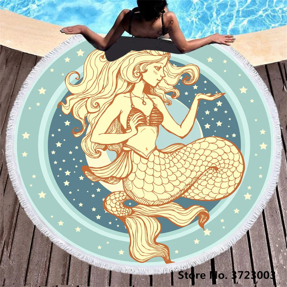 

Colorful Bohemian Mermaid Microfiber Round Beach Towel With Drawstring Backpack Bag Sport Yoga Blanket Swimming Bath Towel