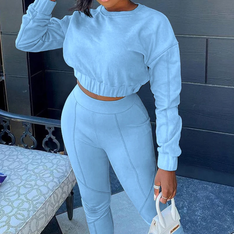 

OMSJ Fashion High Street Sportswear Casual Suits Simple Hot Stripes Shirring Crop Top+Push Up Hip Skinny Legging Match Set Solid