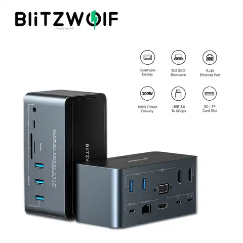 BlitzWolf BW-TH13 18-в-1 USB C Док-станция Компьютерные аксессуары для ПК Extensor USB Hub Аксессуары для ноутбуков Type-C с корпусом M.2 SSD Четырехместный дисплей SD...