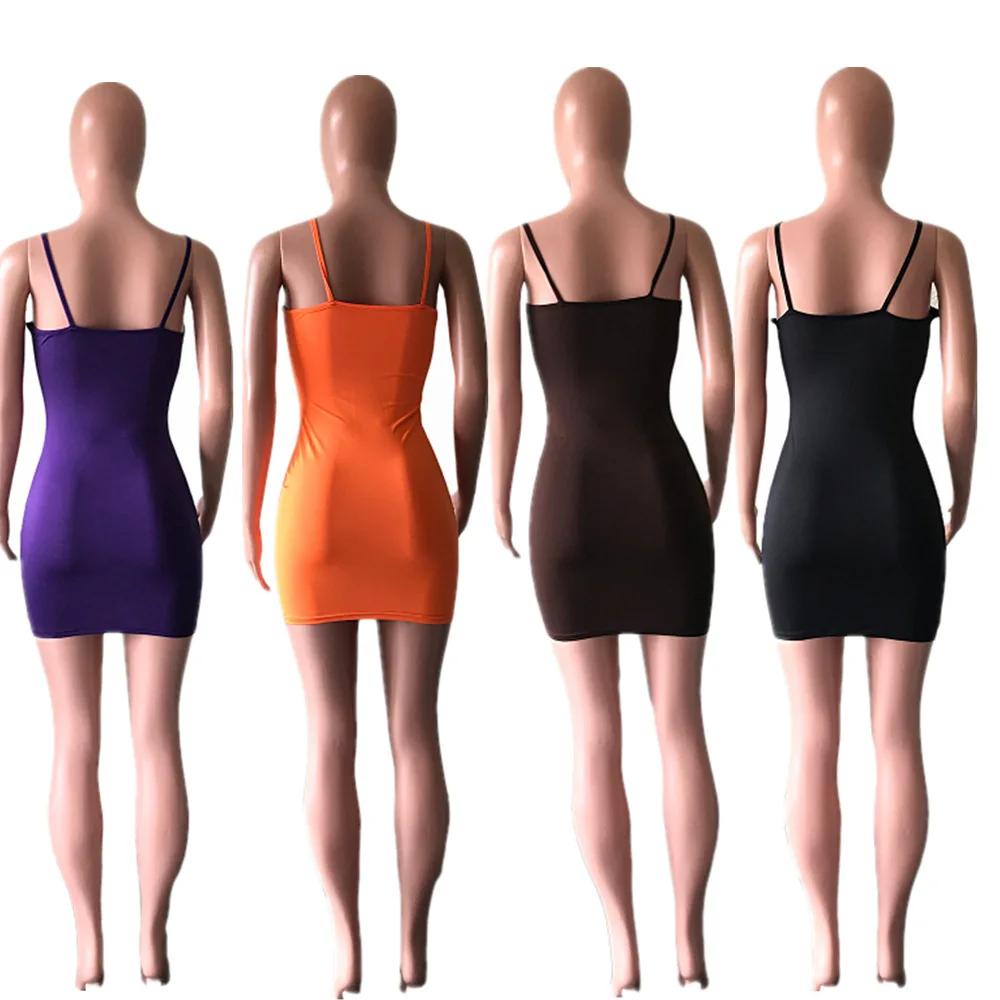 

WEPBEL Spaghetti Strap High Waist Mini Dresses Sexy Dress Women Solid Color Sleeveless Square Collar Summer Skinny Vestidos