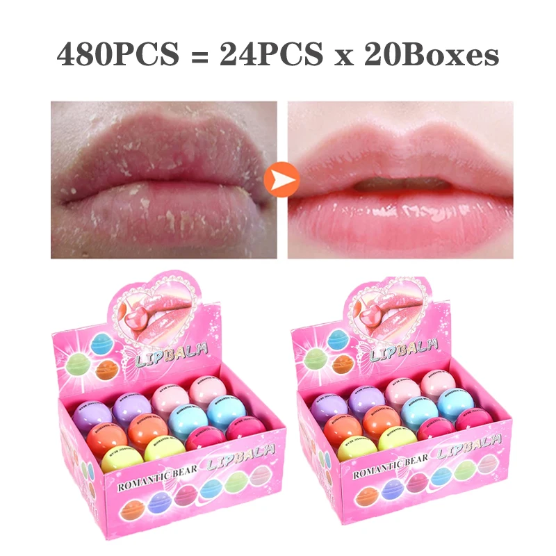 

Factory Price 480PCS Lip Balm makeup Fruit Flavor Cute Round Ball Natural Plant Kids Baby Girls Romantic Bear Matte Lipstick Lot