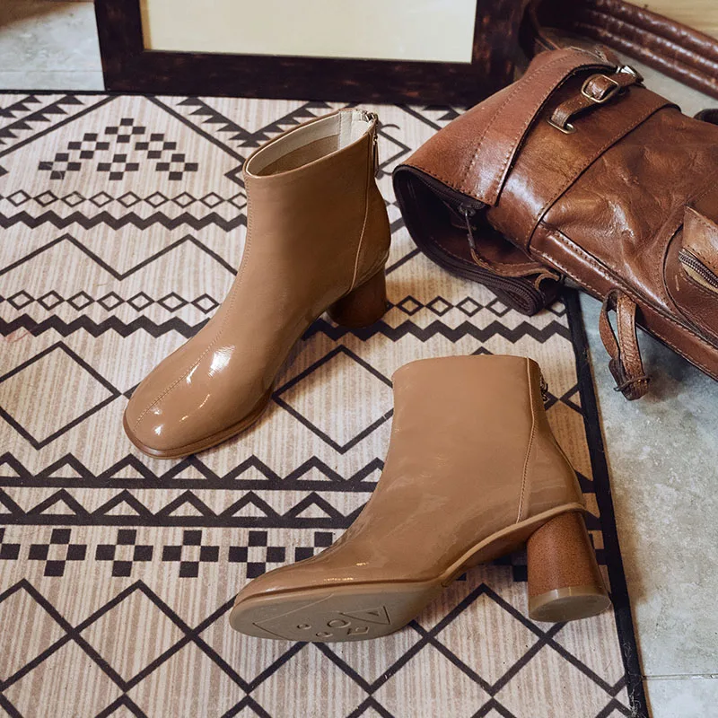 Ботильоны женские из лакированной кожи Удобные однотонные ботинки с круглым