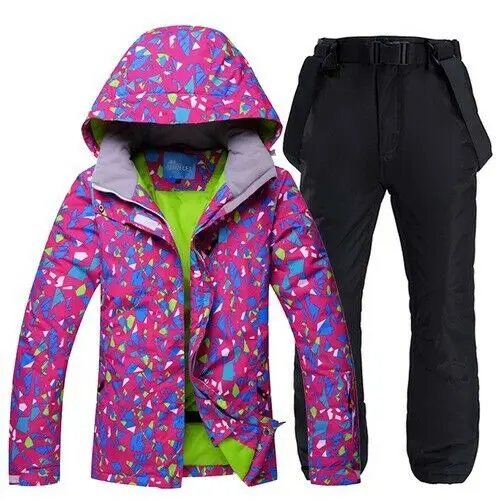 Fashion Print Ski Suit Women Thick Warm Waterproof Windproof Snowboarding Jacket Pants Set