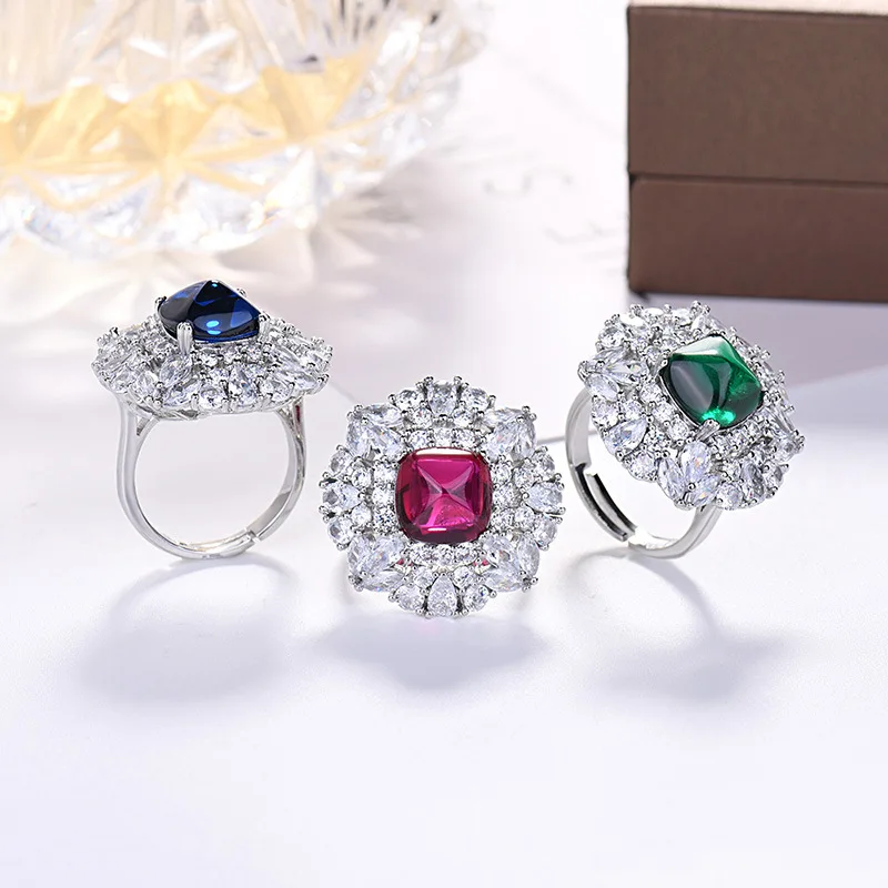 

925 New Luxury Temperament Imitated Color Treasure Sapphire Emerald Pigeon Blood Ruby Inlaid Full Diamond Ring For Women Jewelry