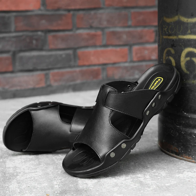 Мужские летние дышащие сандалии на плоской подошве пляжные повседневные кожаные