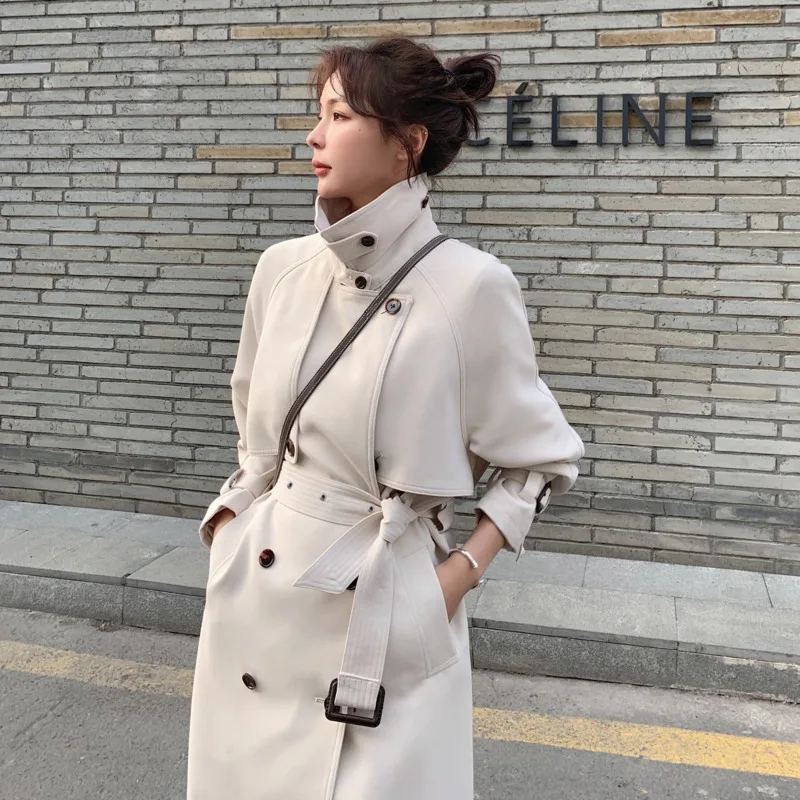 

Hot Sale Trench Coat Women elegant Stand Collar With Belt Pick Hip Solid Beige High Street 2021 New Autumn Fashion Coat TU159