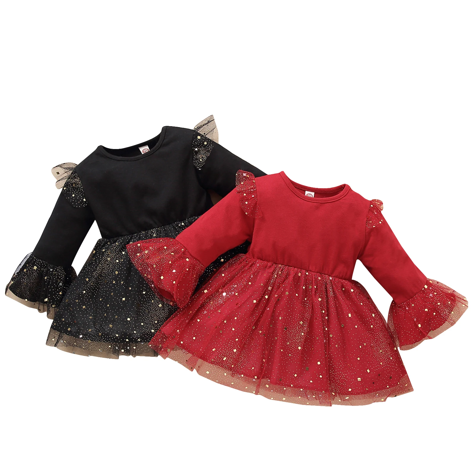 

1-4Y Princess Baby Girls Dress 2 Colors Long Flared Sleeve Sequined Lace Tutu Knee Length Dress 2021