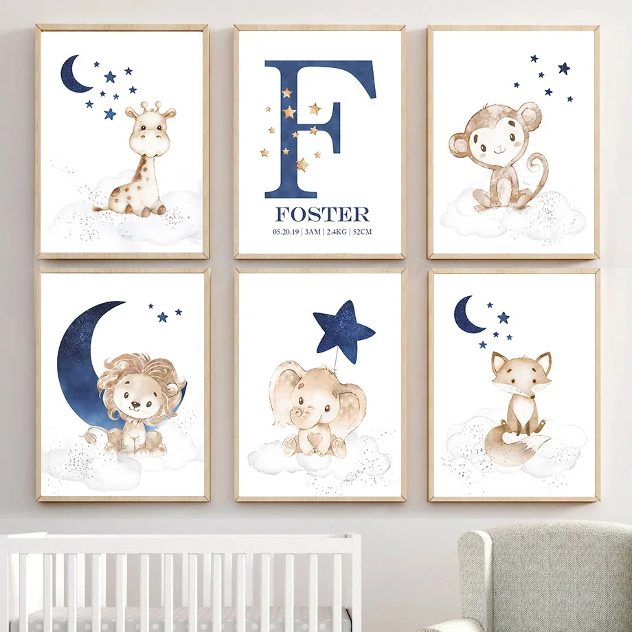 

Personalize Baby Name Poster Custom Nursery Wall Art for Boy Room Canvas Painting Print Blue Moon Lion Elephant Giraffe Pictures